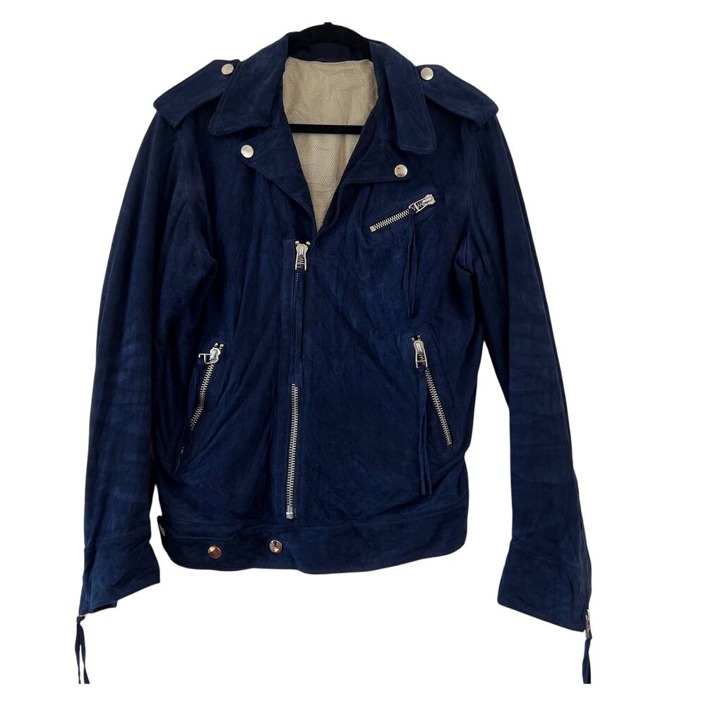 Martin Asbjorn Suede Leather Fringe Moto Biker Jacket Navy Blue Silver Sz Large